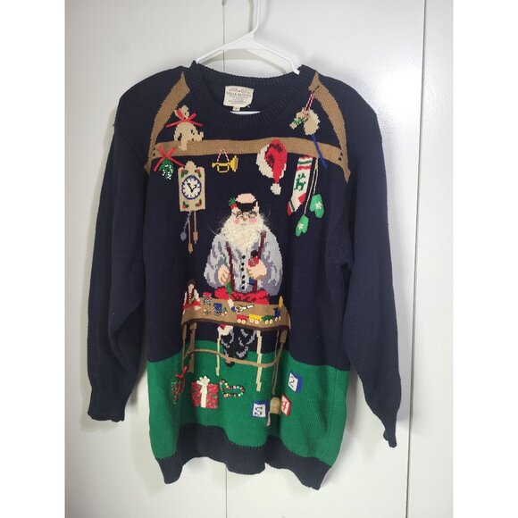 VTG 90s Susan Bristol Navy Santa's Workshop Embroidered Ugly Christmas Sweater L - Picture 6 of 8